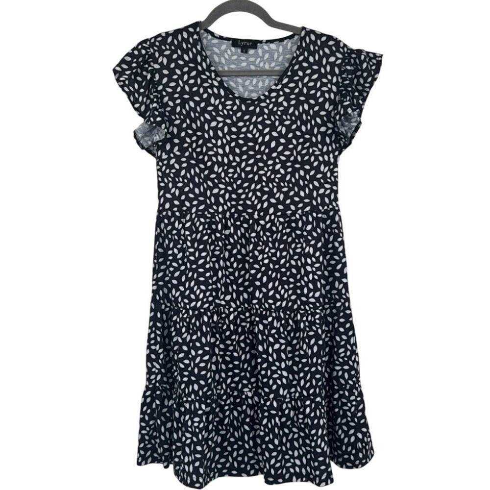 Lyrur Women's Ruffle Sleeve Printed Sundress Mini Dress Black White Small